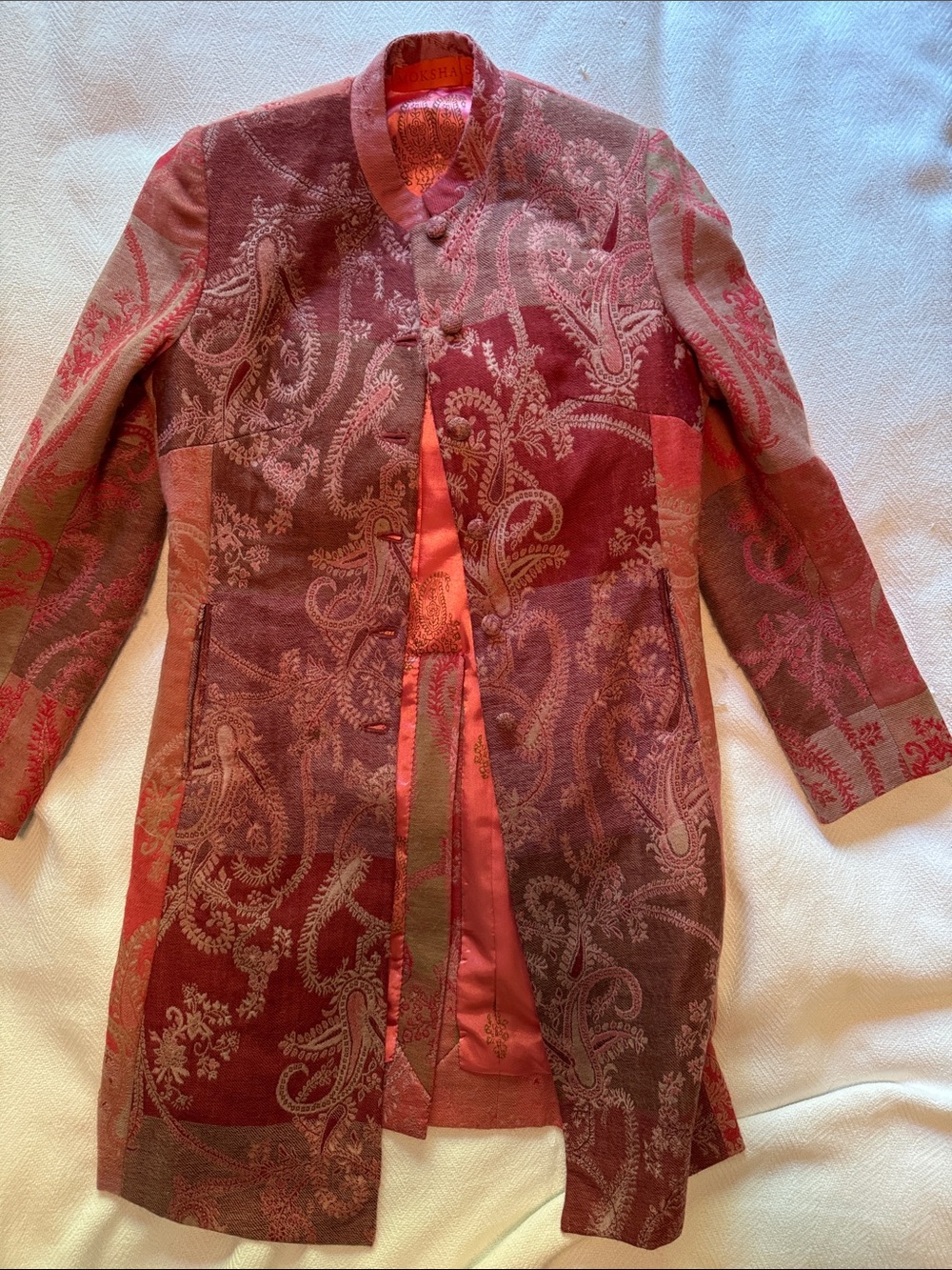 Anthropologie Moksha Paisley Patterned pinks and Corals Patchwork Coat. Wool